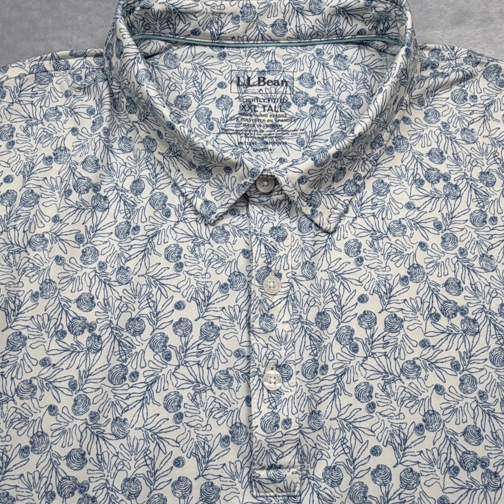 LL Bean Mens XXL Tall 2XLT Performance Polo Blue White Floral Seashell Print